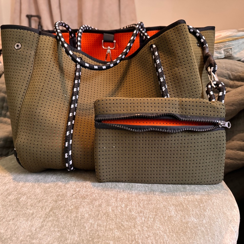 Olive Green Neoprene Tote Bag with Pouch
